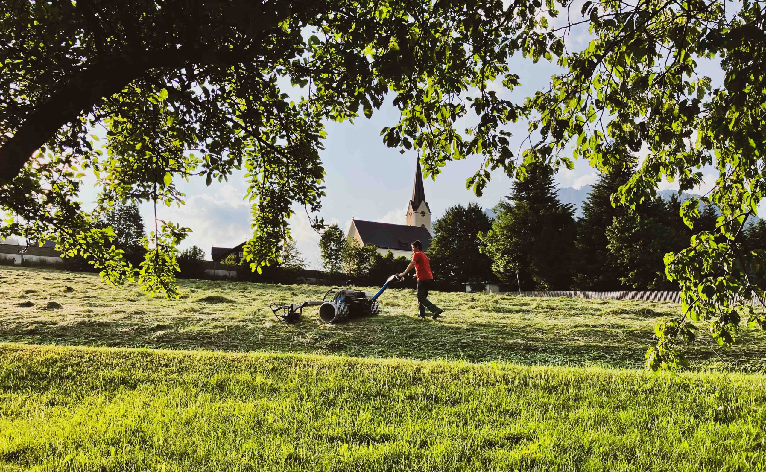Wiese, Mäher, Kirche im Hintergrund