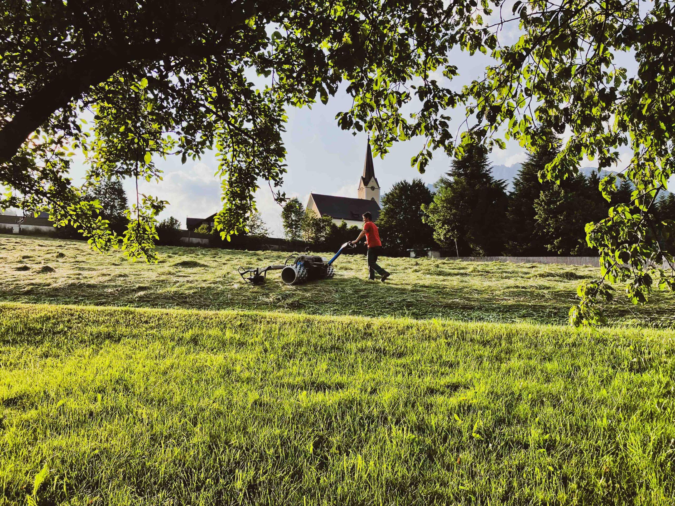 Wiese, Mäher, Kirche im Hintergrund